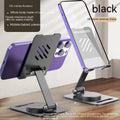 Black adjustable desktop phone stand shown with display devices, which are not included.